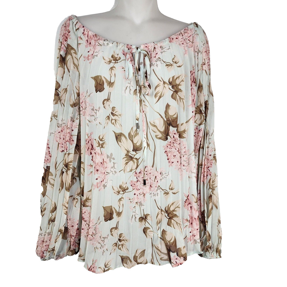 Paparazzi Womens Blouse Small Floral Pleated Accordion Peasant Long Sleeve Ties